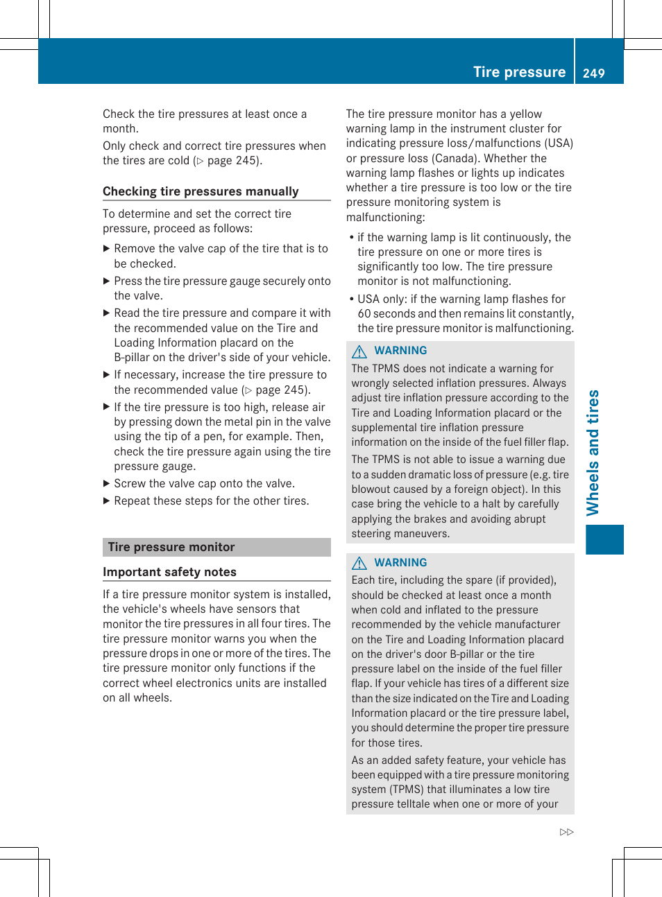 Tire pressure monitor, Correct, Wheels and tires | Tire pressure | Mercedes-Benz G-Class 2012 Owners Manual User Manual | Page 251 / 284