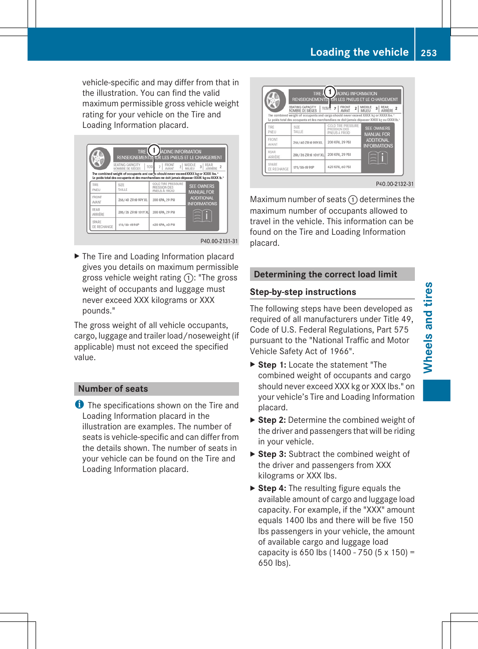 Number of seats, Determining the correct load limit, Wheels and tires | Loading the vehicle | Mercedes-Benz G-Class 2012 Owners Manual User Manual | Page 255 / 284