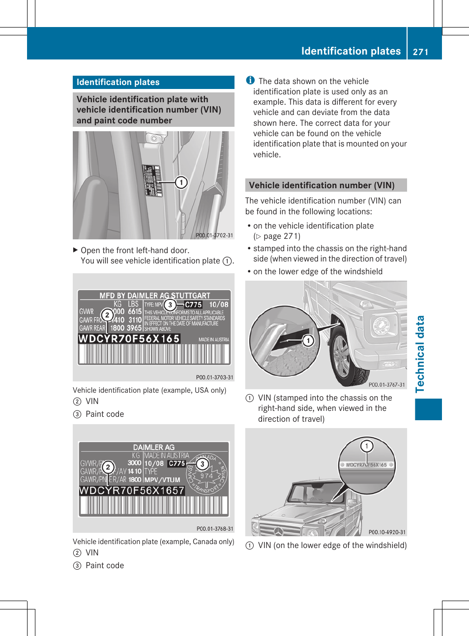 Identification plates, Vehicle identification number (vin), Driver's door | Number (vin), Technical data | Mercedes-Benz G-Class 2012 Owners Manual User Manual | Page 273 / 284