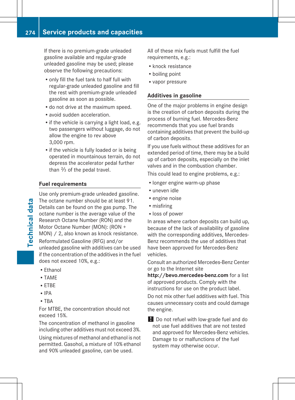 Technical data, Service products and capacities | Mercedes-Benz G-Class 2012 Owners Manual User Manual | Page 276 / 284
