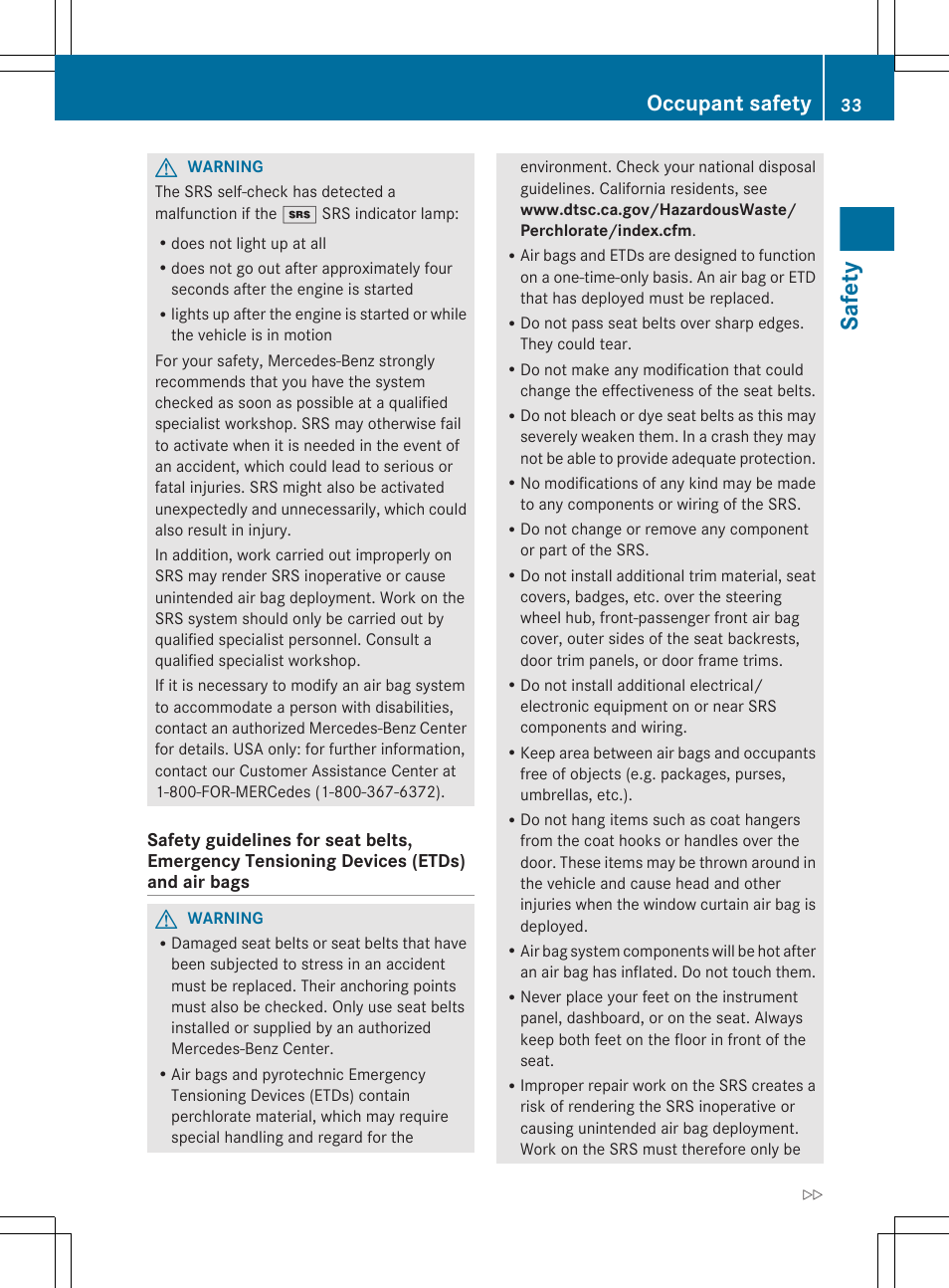 Safety, Occupant safety | Mercedes-Benz G-Class 2012 Owners Manual User Manual | Page 35 / 284