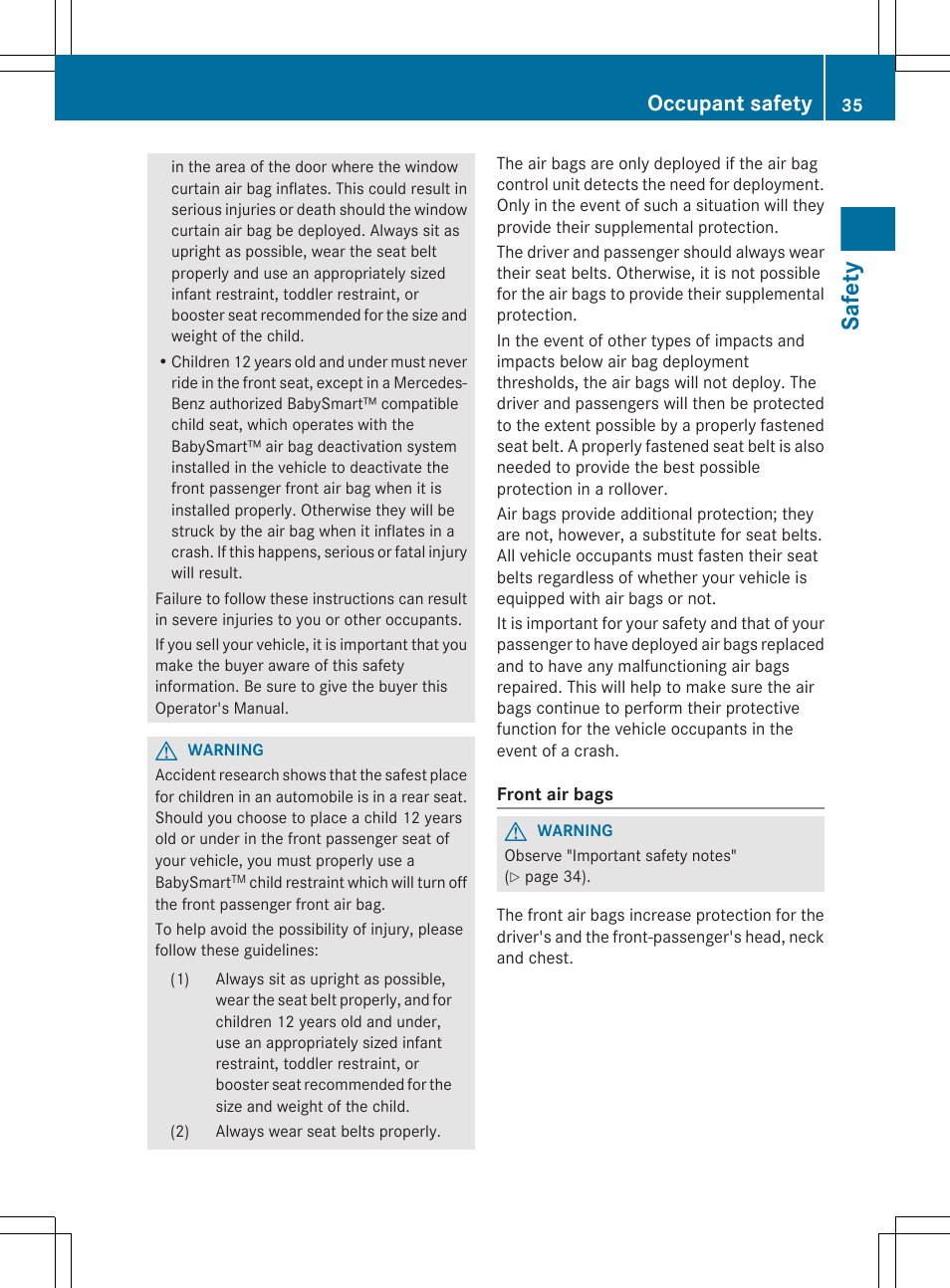 Safety, Occupant safety | Mercedes-Benz G-Class 2012 Owners Manual User Manual | Page 37 / 284