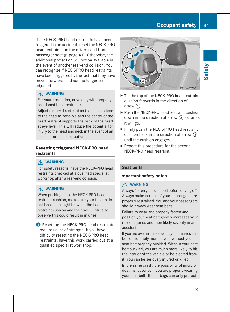 Seat belts, Safety, Occupant safety | Mercedes-Benz G-Class 2012 Owners Manual User Manual | Page 43 / 284