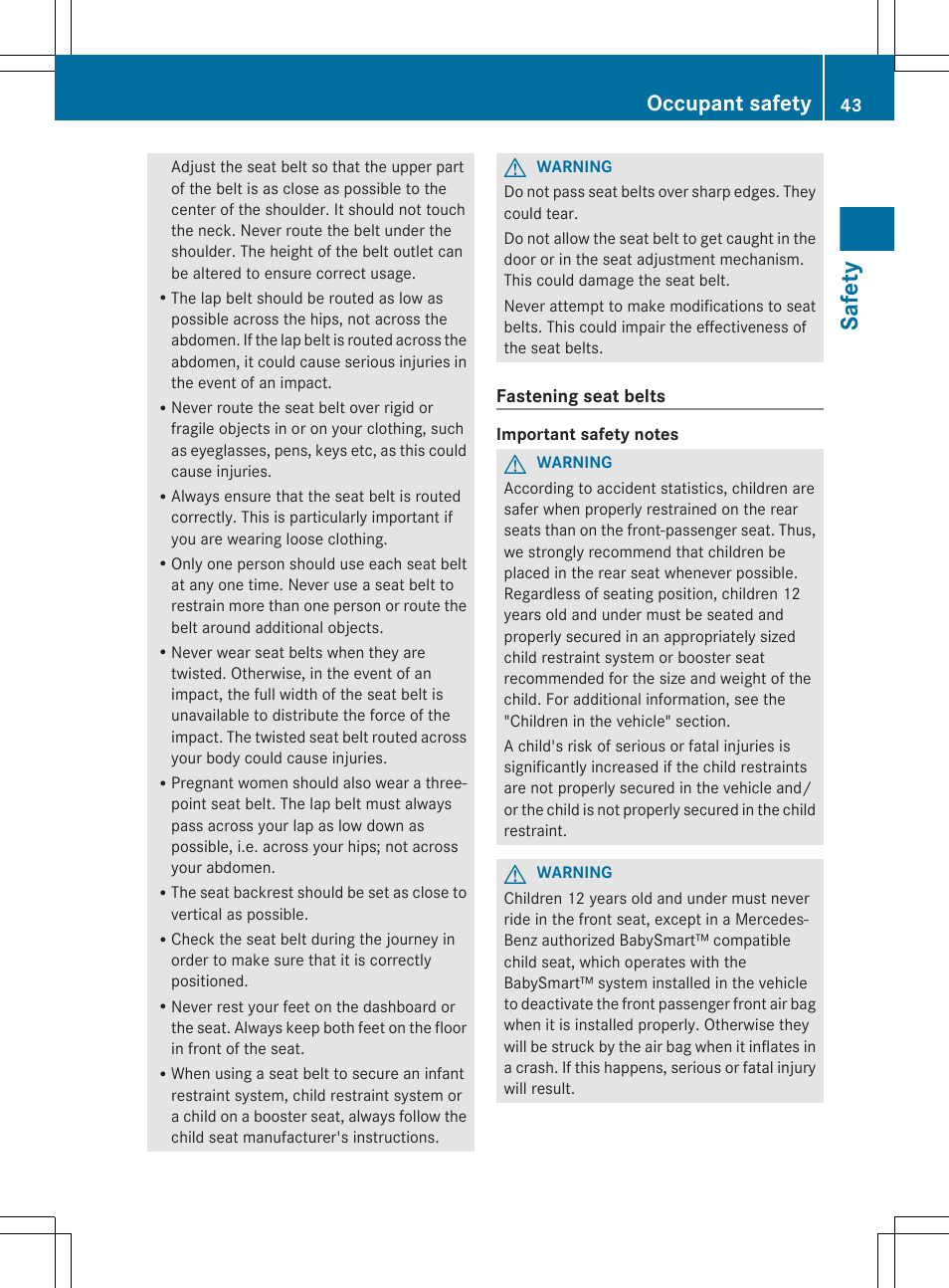 Safety, Occupant safety | Mercedes-Benz G-Class 2012 Owners Manual User Manual | Page 45 / 284