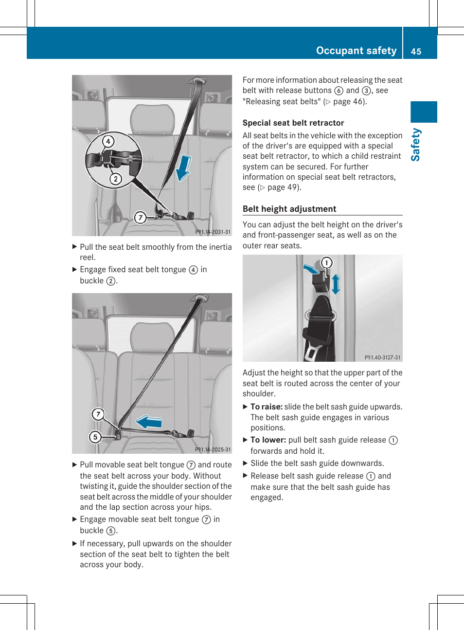 Appropriate height, Safety, Occupant safety | Mercedes-Benz G-Class 2012 Owners Manual User Manual | Page 47 / 284