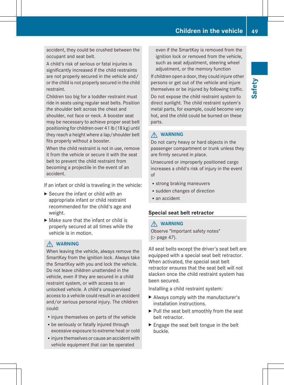 Safety, Children in the vehicle | Mercedes-Benz G-Class 2012 Owners Manual User Manual | Page 51 / 284
