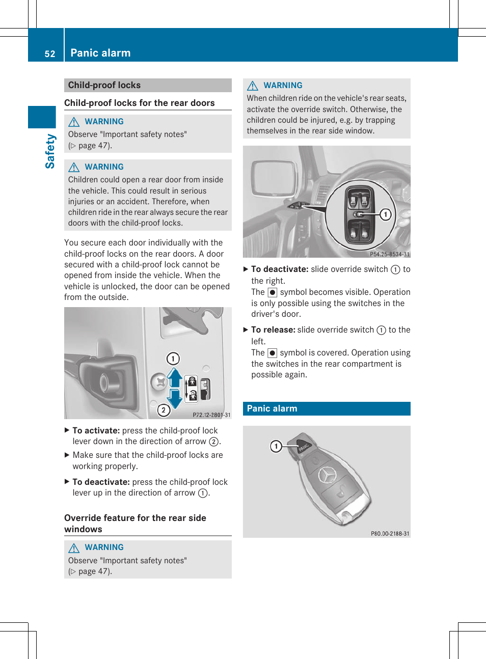Child-proof locks, Panic alarm, Safety | Mercedes-Benz G-Class 2012 Owners Manual User Manual | Page 54 / 284