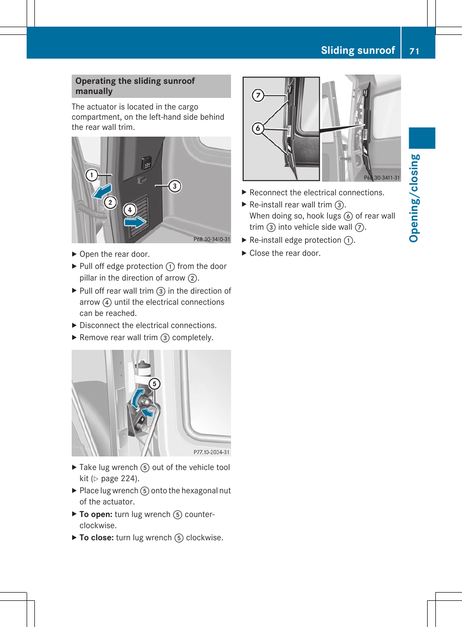 Operating the sliding sunroof manually, Opening/closing, Sliding sunroof | Mercedes-Benz G-Class 2012 Owners Manual User Manual | Page 73 / 284