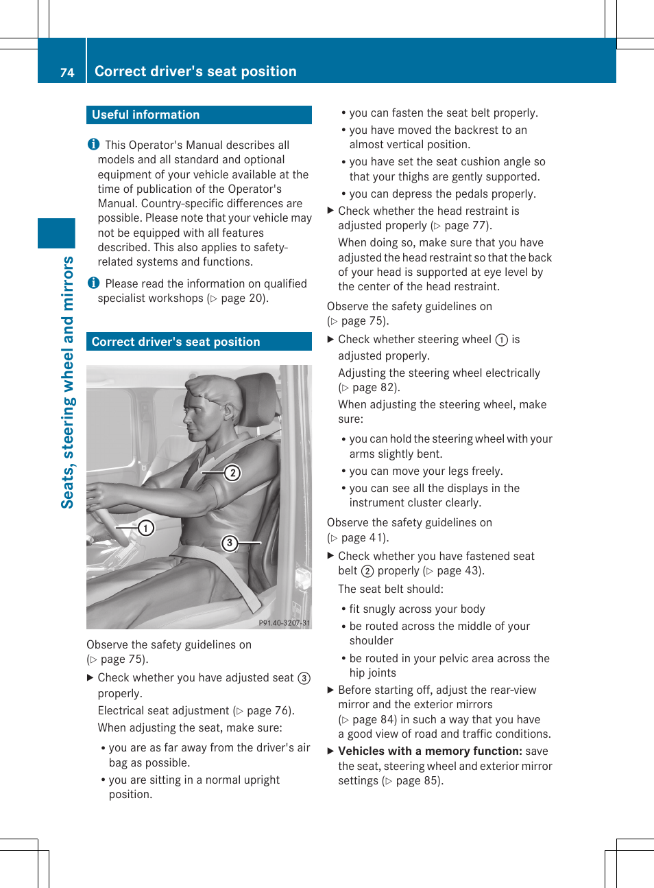 Seats, steering wheel and mirrors, Useful information, Correct driver's seat position | An almost vertical position | Mercedes-Benz G-Class 2012 Owners Manual User Manual | Page 76 / 284