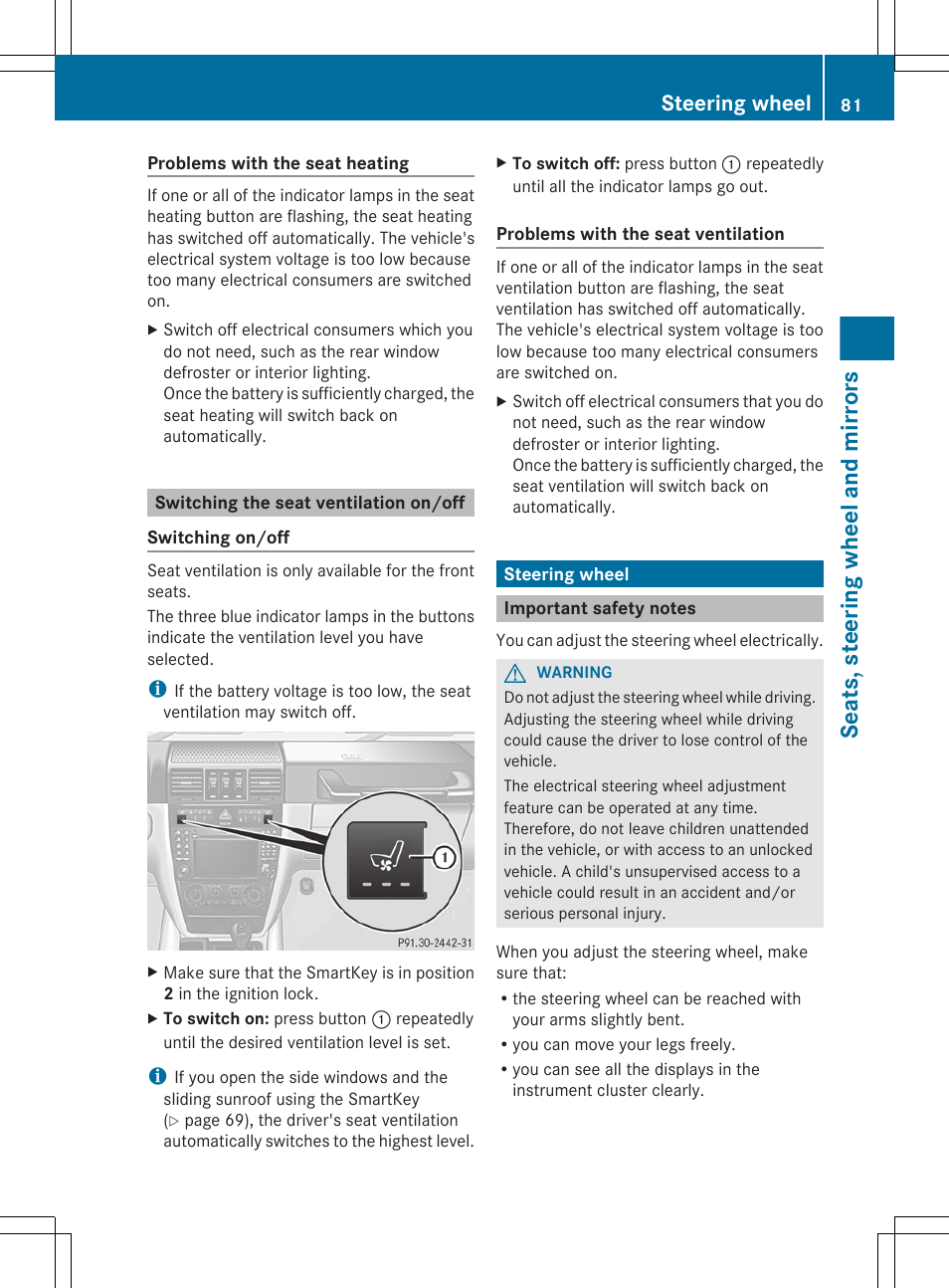 Switching the seat ventilation on/off, Steering wheel, Important safety notes | Seats, steering wheel and mirrors | Mercedes-Benz G-Class 2012 Owners Manual User Manual | Page 83 / 284