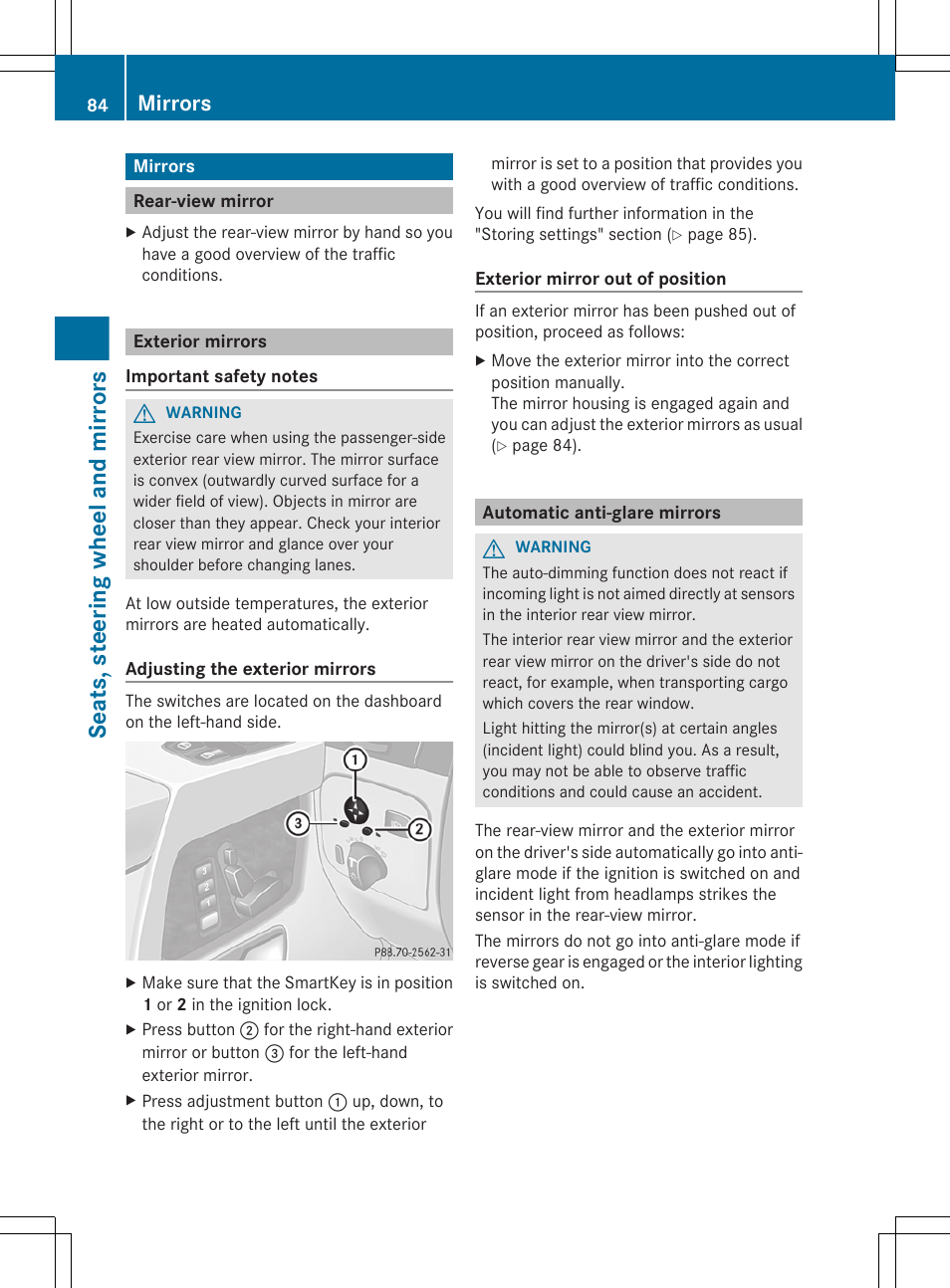Mirrors, Rear-view mirror, Exterior mirrors | Automatic anti-glare mirrors, Seats, steering wheel and mirrors | Mercedes-Benz G-Class 2012 Owners Manual User Manual | Page 86 / 284