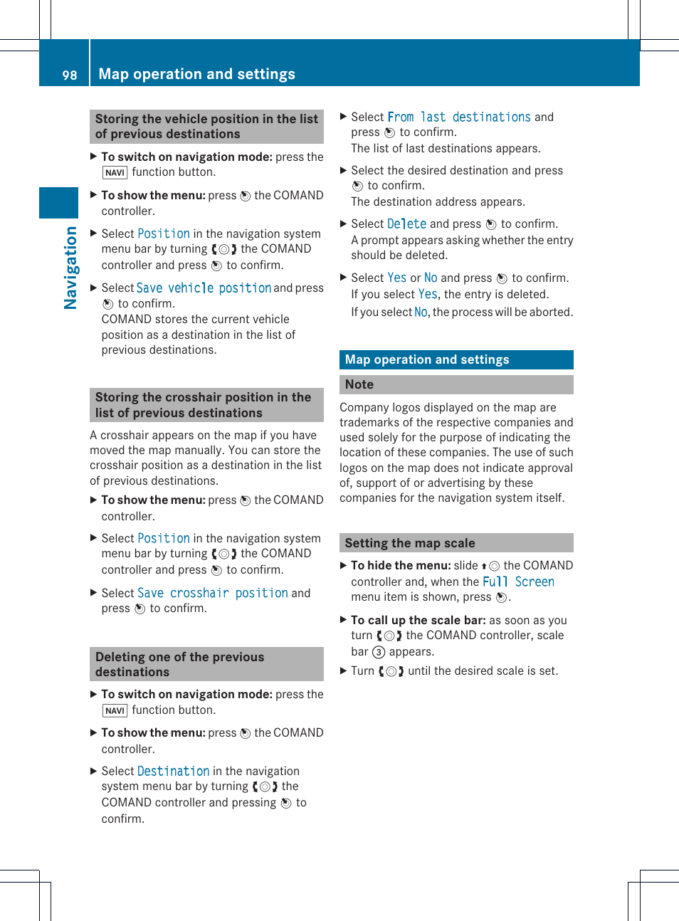 Navigat ion, Map operation and settings | Mercedes-Benz C-Coupe 2012 COMAND Manual User Manual | Page 100 / 234