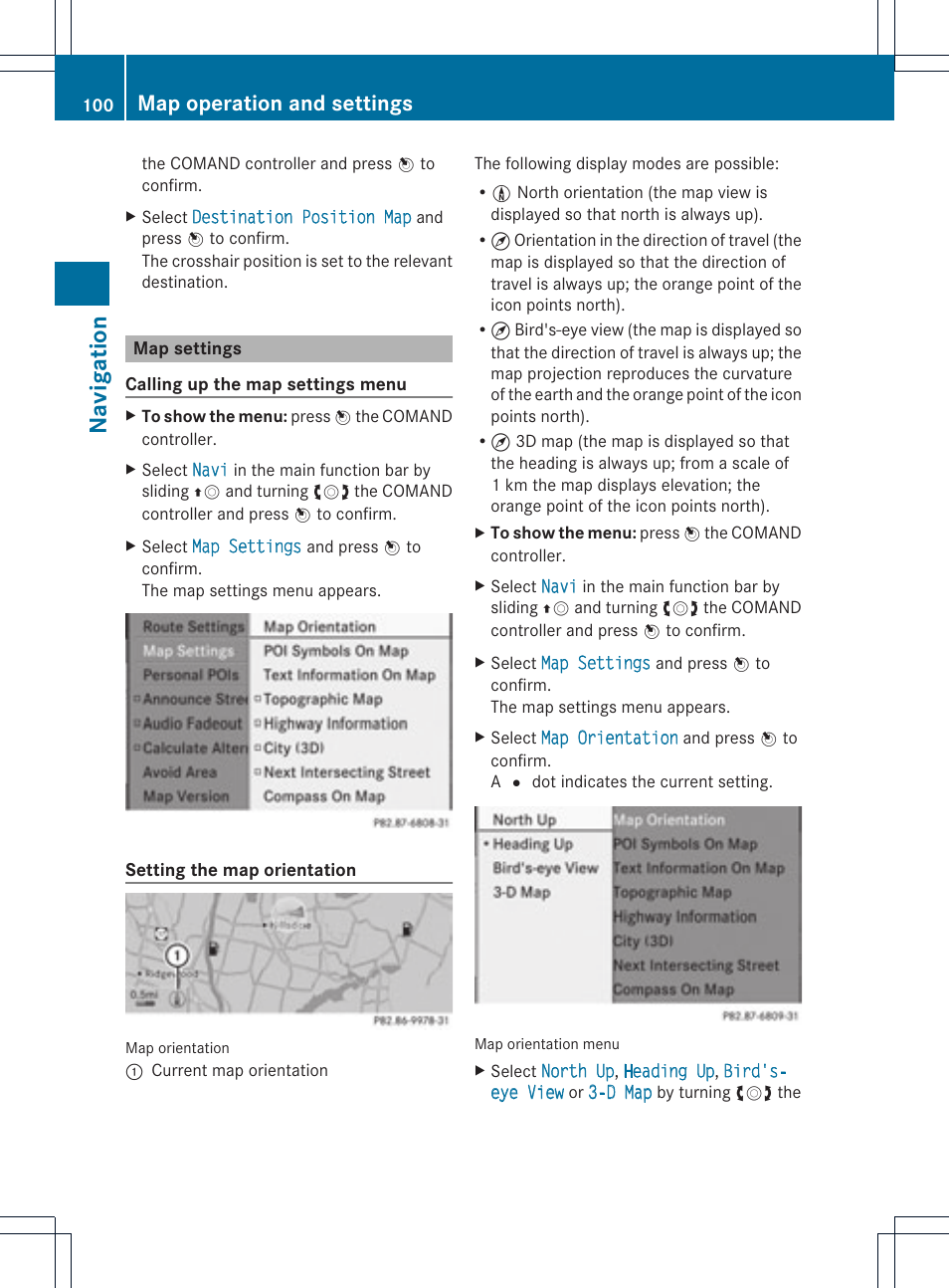 Navigat ion, Map operation and settings | Mercedes-Benz C-Coupe 2012 COMAND Manual User Manual | Page 102 / 234