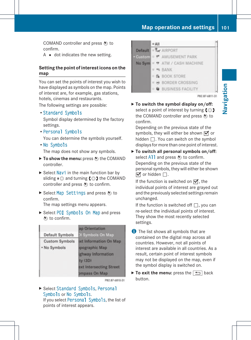 Navigatio n, Map operation and settings | Mercedes-Benz C-Coupe 2012 COMAND Manual User Manual | Page 103 / 234
