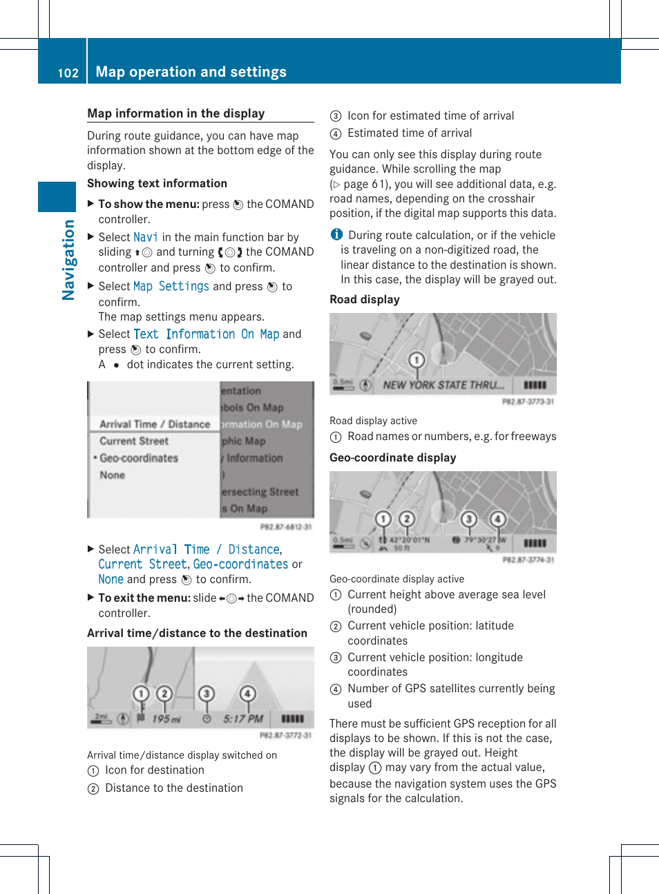 Navigat ion, Map operation and settings | Mercedes-Benz C-Coupe 2012 COMAND Manual User Manual | Page 104 / 234