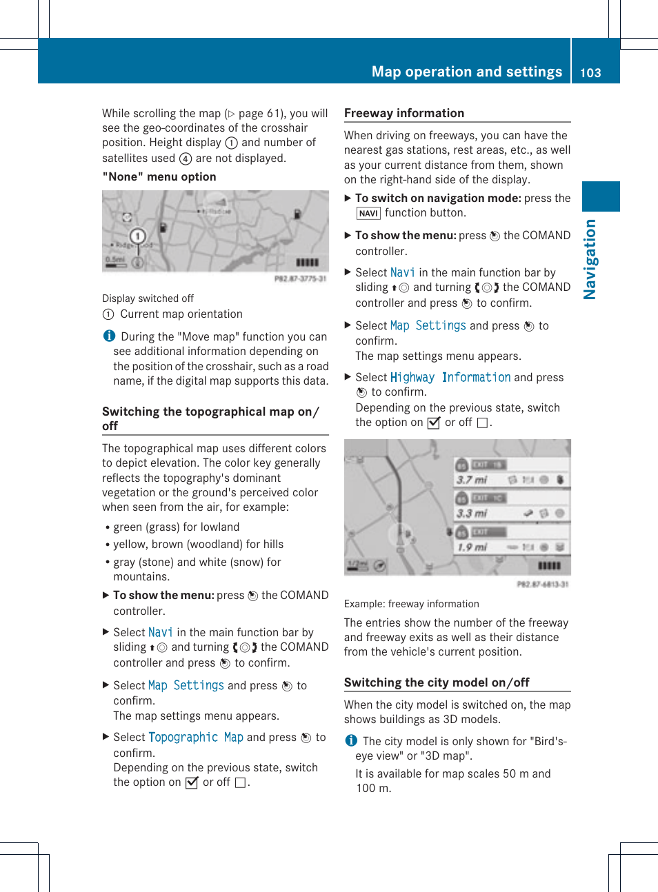 Navi gati on, Map operation and settings | Mercedes-Benz C-Coupe 2012 COMAND Manual User Manual | Page 105 / 234