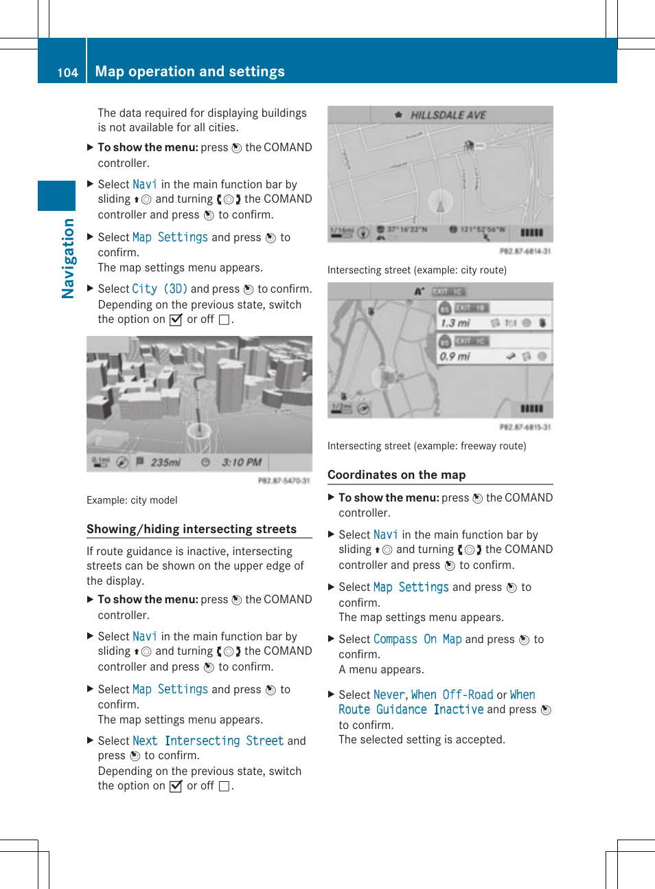 Na vigation, Map operation and settings | Mercedes-Benz C-Coupe 2012 COMAND Manual User Manual | Page 106 / 234