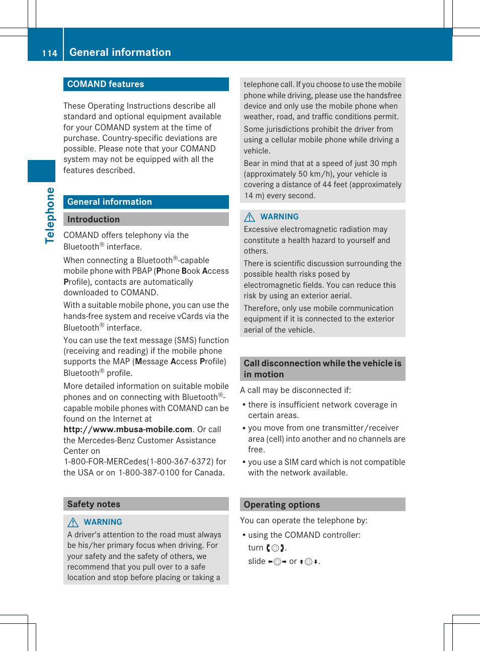 Telephone, General information | Mercedes-Benz C-Coupe 2012 COMAND Manual User Manual | Page 116 / 234