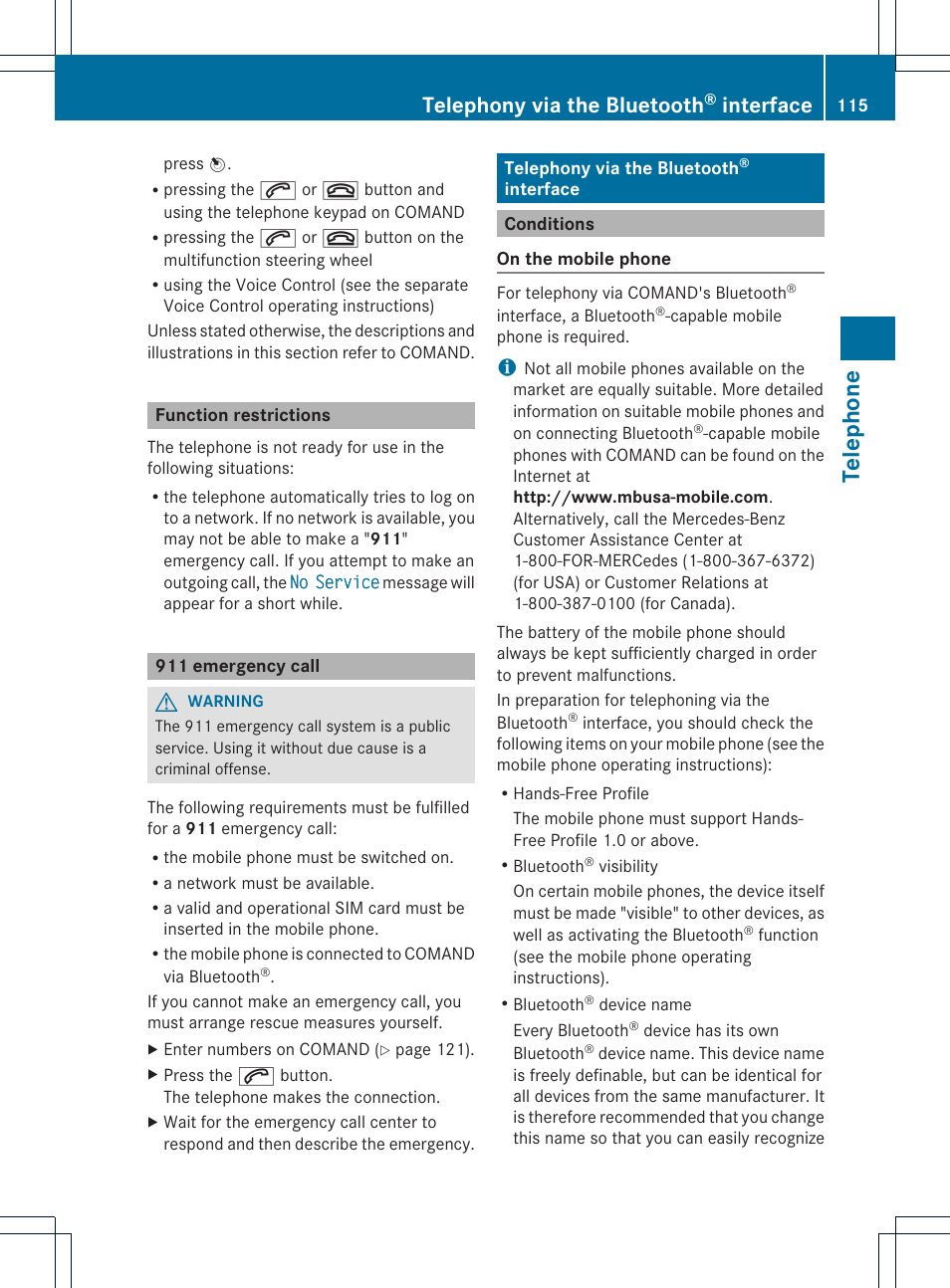 Telephone, Telephony via the bluetooth, Interface | Mercedes-Benz C-Coupe 2012 COMAND Manual User Manual | Page 117 / 234