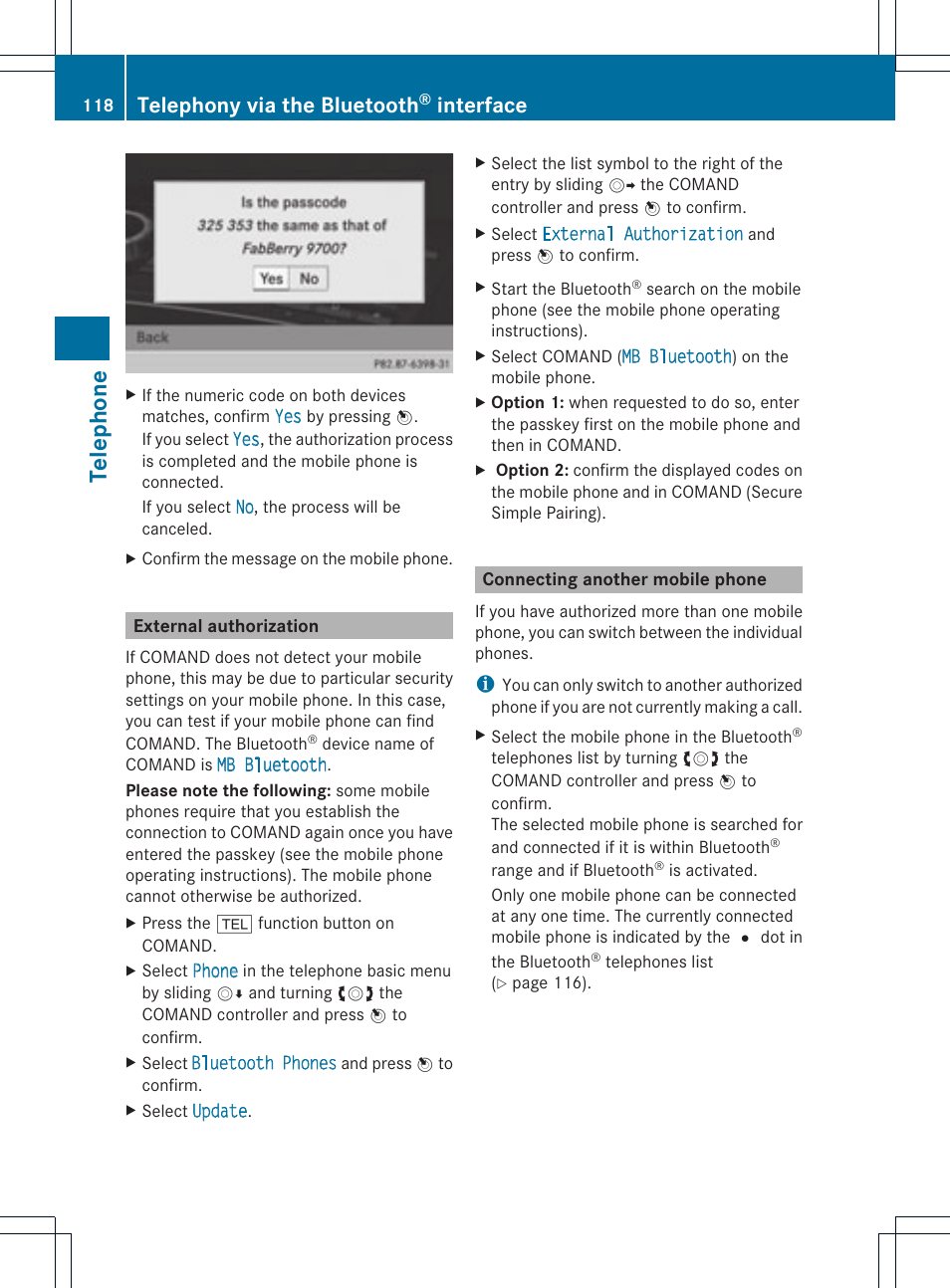 Telephone, Telephony via the bluetooth, Interface | Mercedes-Benz C-Coupe 2012 COMAND Manual User Manual | Page 120 / 234