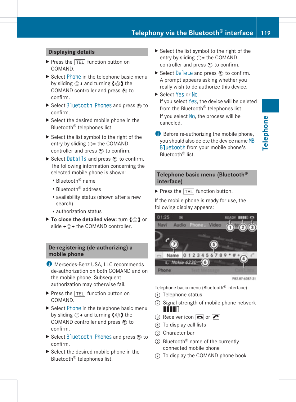 Telephone, Telephony via the bluetooth, Interface | Mercedes-Benz C-Coupe 2012 COMAND Manual User Manual | Page 121 / 234