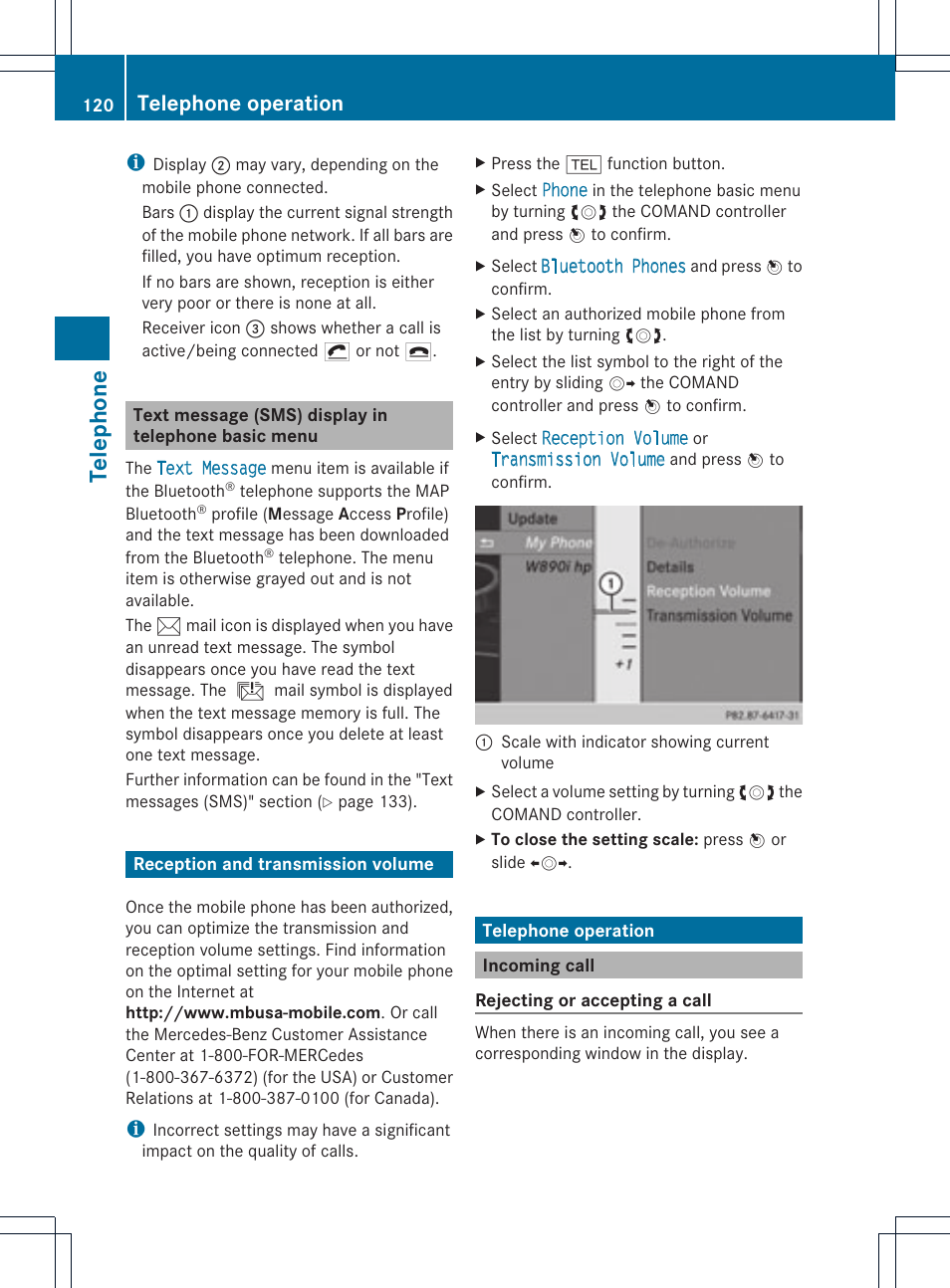 Tele phone, Telephone operation | Mercedes-Benz C-Coupe 2012 COMAND Manual User Manual | Page 122 / 234