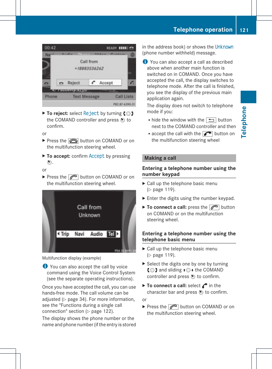 Tel eph on e, Telephone operation | Mercedes-Benz C-Coupe 2012 COMAND Manual User Manual | Page 123 / 234