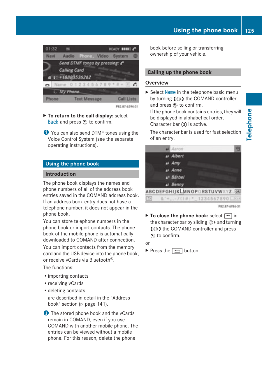 Teleph one, Using the phone book | Mercedes-Benz C-Coupe 2012 COMAND Manual User Manual | Page 127 / 234