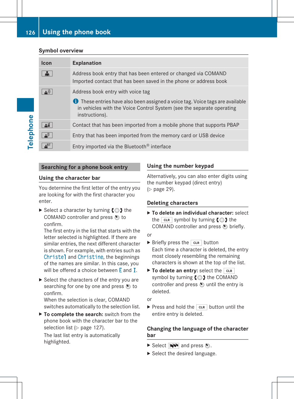 Telephone, Using the phone book | Mercedes-Benz C-Coupe 2012 COMAND Manual User Manual | Page 128 / 234