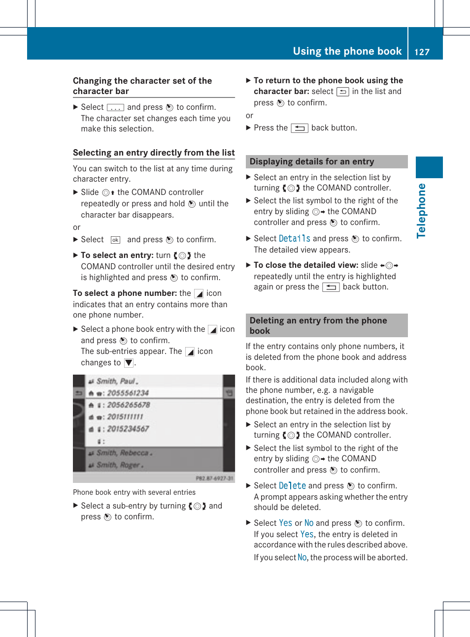 Telephone, Using the phone book | Mercedes-Benz C-Coupe 2012 COMAND Manual User Manual | Page 129 / 234