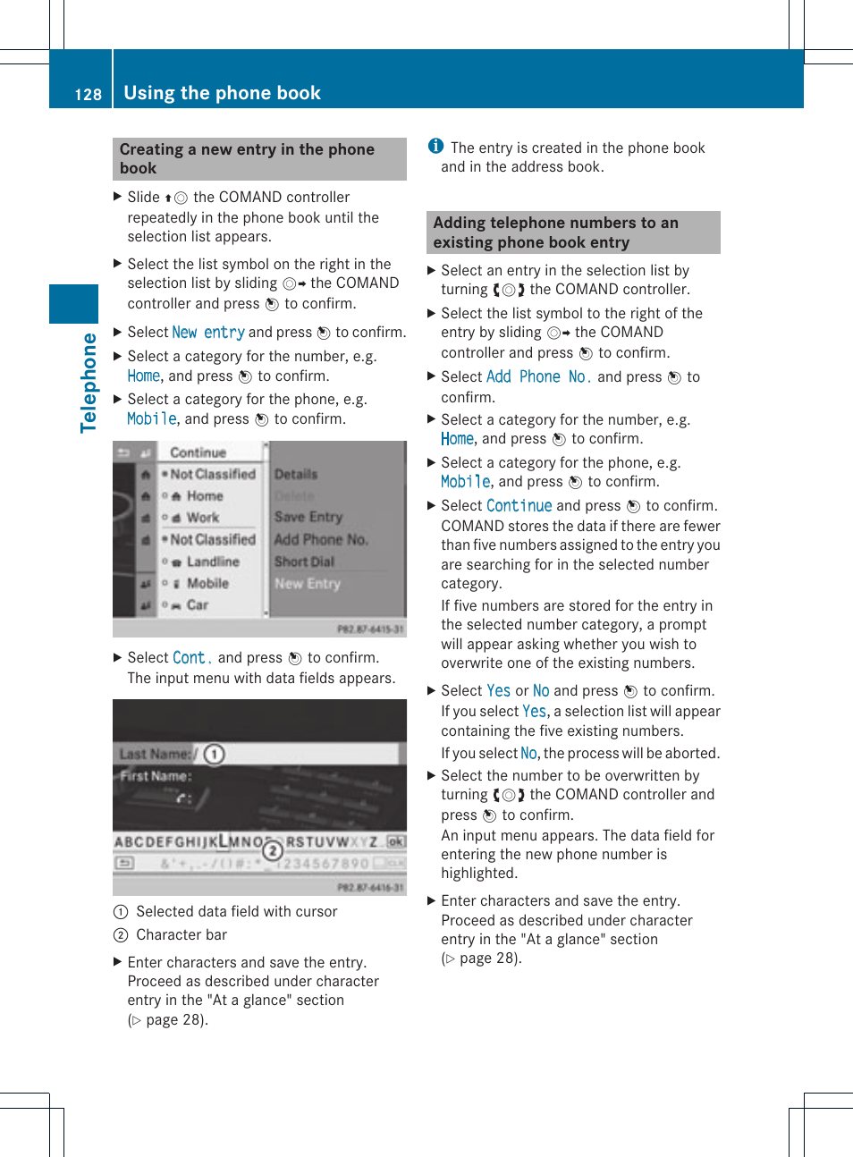 Telephone, Using the phone book | Mercedes-Benz C-Coupe 2012 COMAND Manual User Manual | Page 130 / 234
