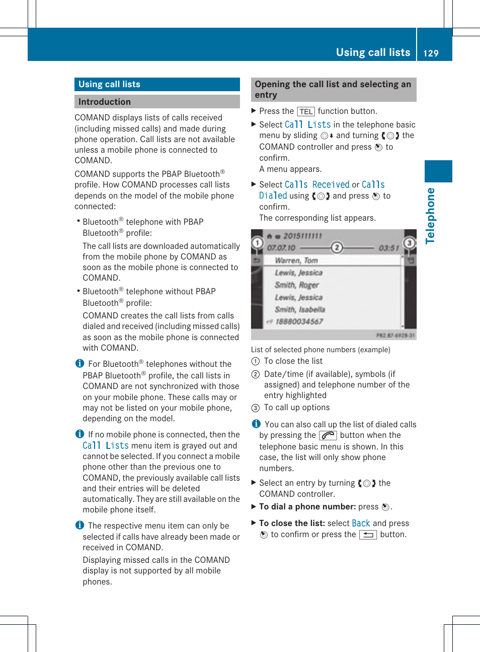 Telephone, Using call lists | Mercedes-Benz C-Coupe 2012 COMAND Manual User Manual | Page 131 / 234
