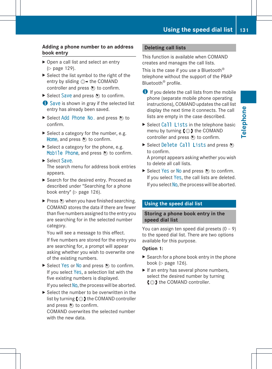 Te le pho ne, Using the speed dial list | Mercedes-Benz C-Coupe 2012 COMAND Manual User Manual | Page 133 / 234
