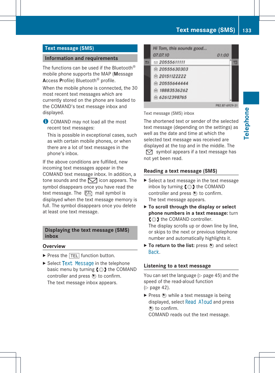 Telephone, Text message (sms) | Mercedes-Benz C-Coupe 2012 COMAND Manual User Manual | Page 135 / 234