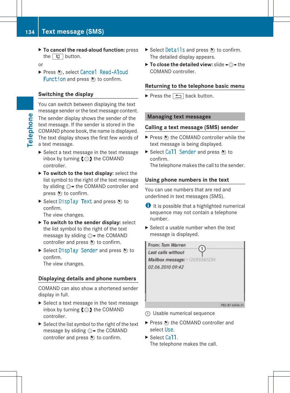 Telephone, Text message (sms) | Mercedes-Benz C-Coupe 2012 COMAND Manual User Manual | Page 136 / 234