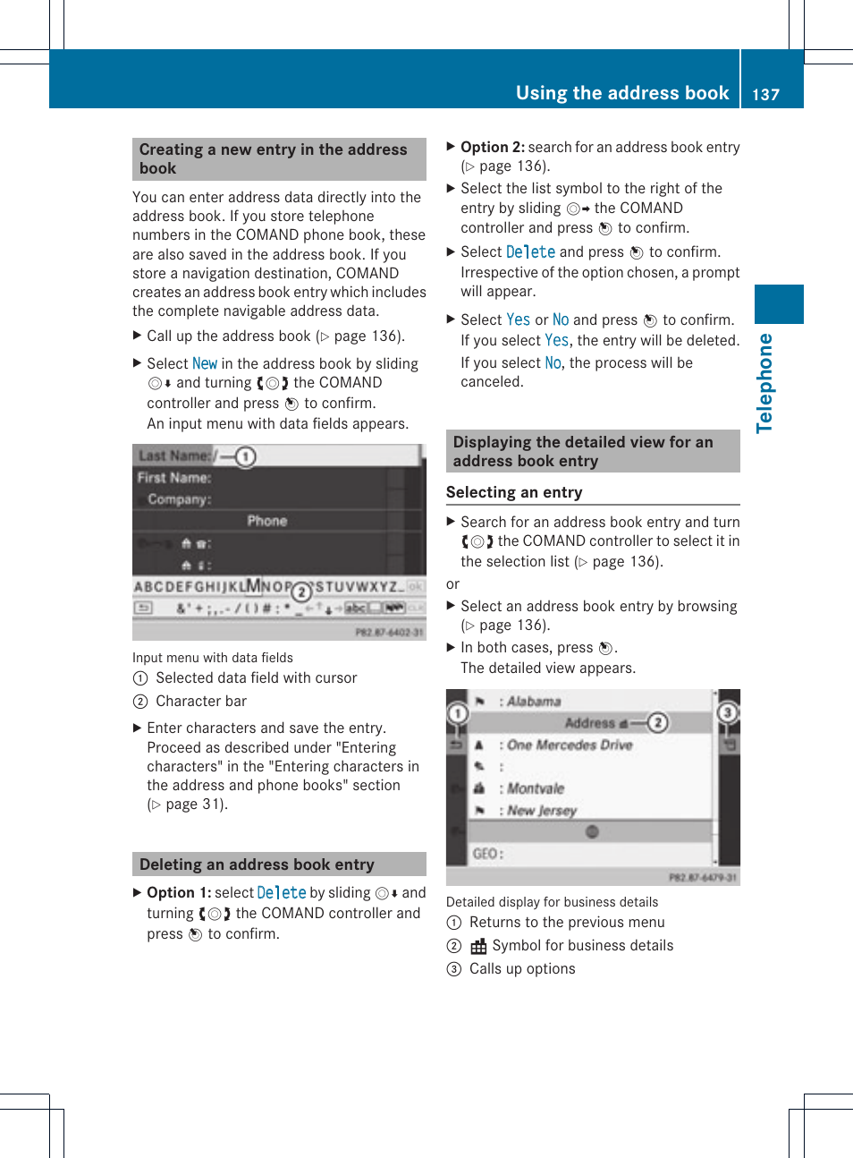 Teleph one, Using the address book | Mercedes-Benz C-Coupe 2012 COMAND Manual User Manual | Page 139 / 234