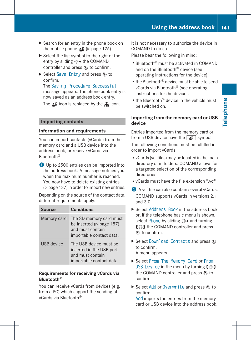 Telephone, Using the address book | Mercedes-Benz C-Coupe 2012 COMAND Manual User Manual | Page 143 / 234