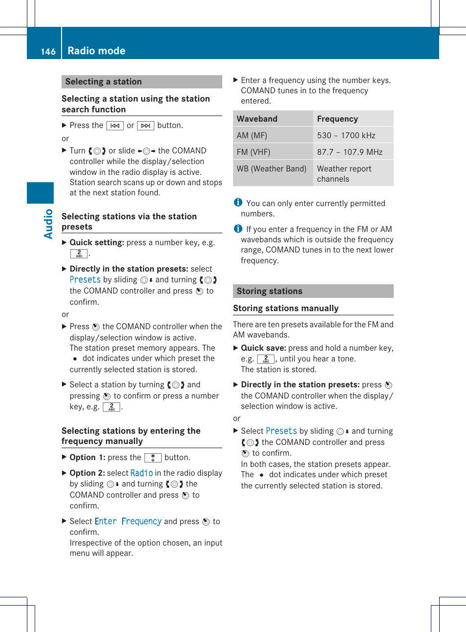 Audio, Radio mode | Mercedes-Benz C-Coupe 2012 COMAND Manual User Manual | Page 148 / 234