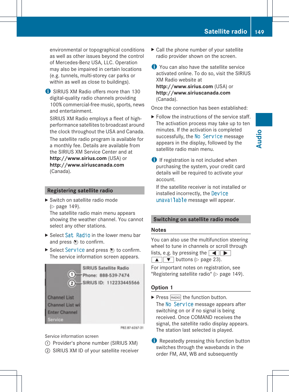 Audio, Satellite radio | Mercedes-Benz C-Coupe 2012 COMAND Manual User Manual | Page 151 / 234