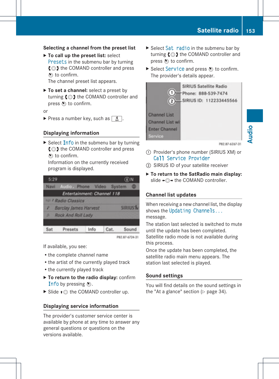 Audio, Satellite radio | Mercedes-Benz C-Coupe 2012 COMAND Manual User Manual | Page 155 / 234