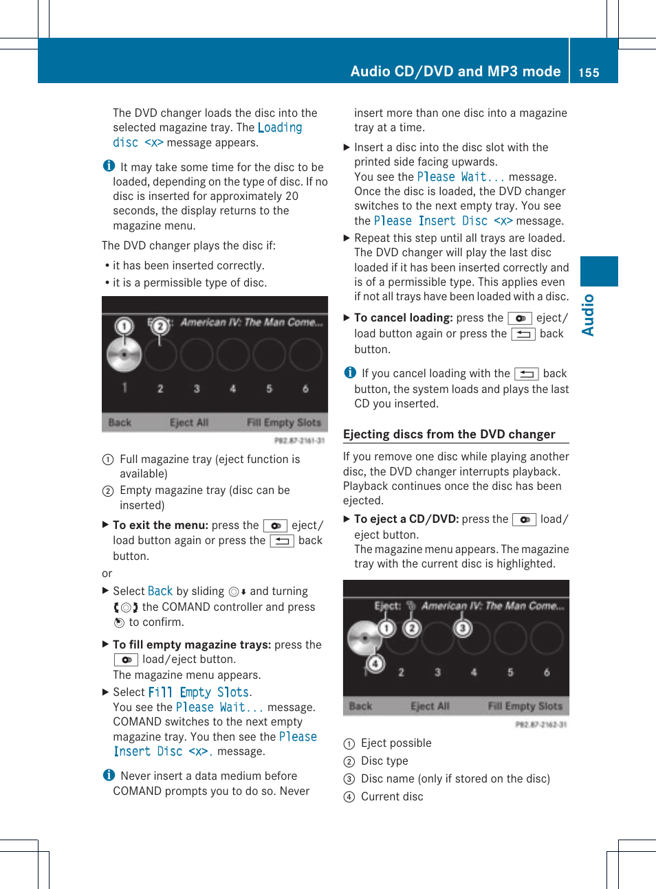 Audio, Audio cd/dvd and mp3 mode | Mercedes-Benz C-Coupe 2012 COMAND Manual User Manual | Page 157 / 234