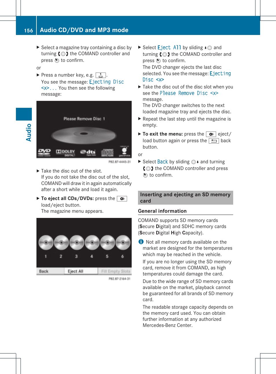 Audio, Audio cd/dvd and mp3 mode | Mercedes-Benz C-Coupe 2012 COMAND Manual User Manual | Page 158 / 234