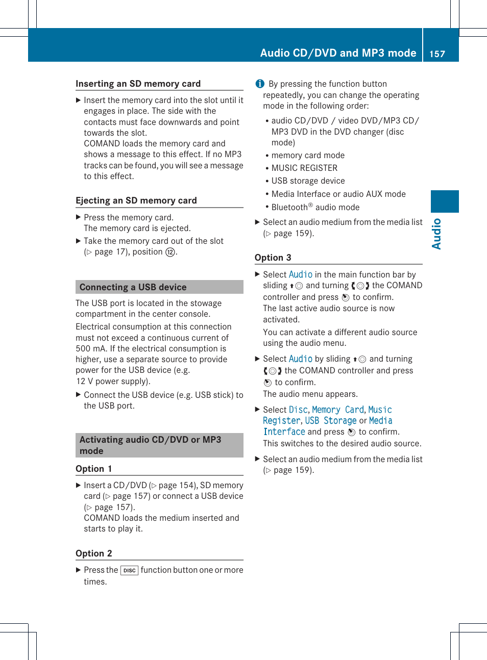 Aud io, Audio cd/dvd and mp3 mode | Mercedes-Benz C-Coupe 2012 COMAND Manual User Manual | Page 159 / 234