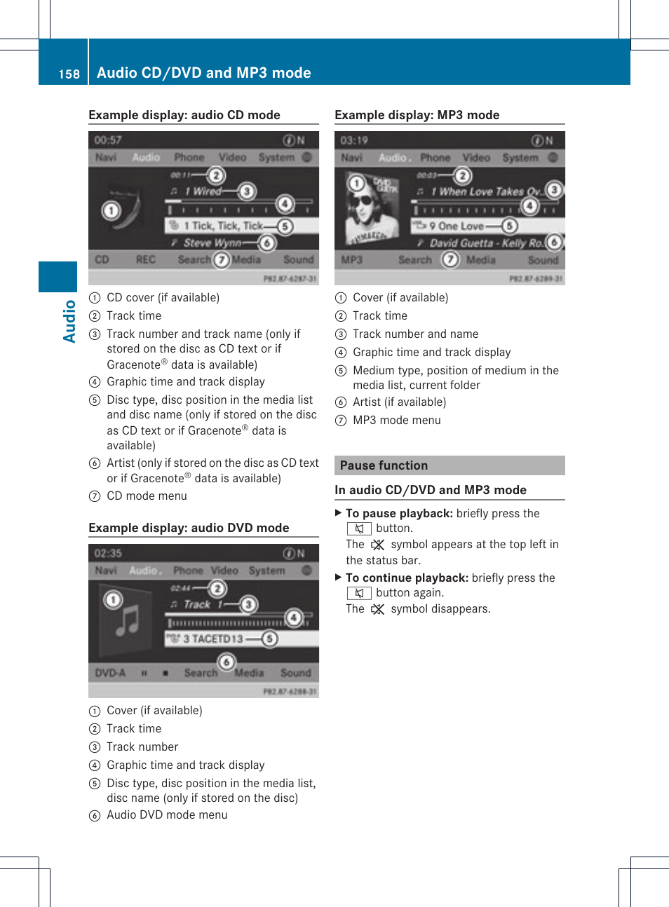 Audio, Audio cd/dvd and mp3 mode | Mercedes-Benz C-Coupe 2012 COMAND Manual User Manual | Page 160 / 234