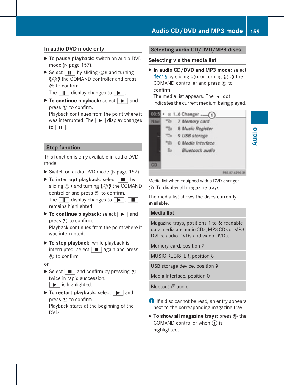 Audio, Audio cd/dvd and mp3 mode | Mercedes-Benz C-Coupe 2012 COMAND Manual User Manual | Page 161 / 234