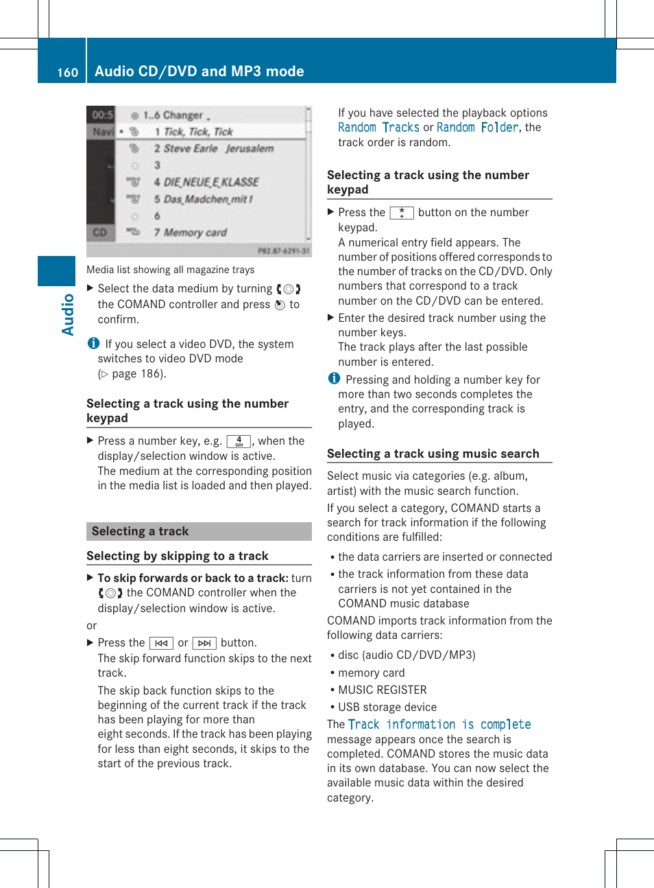 Audio, Audio cd/dvd and mp3 mode | Mercedes-Benz C-Coupe 2012 COMAND Manual User Manual | Page 162 / 234