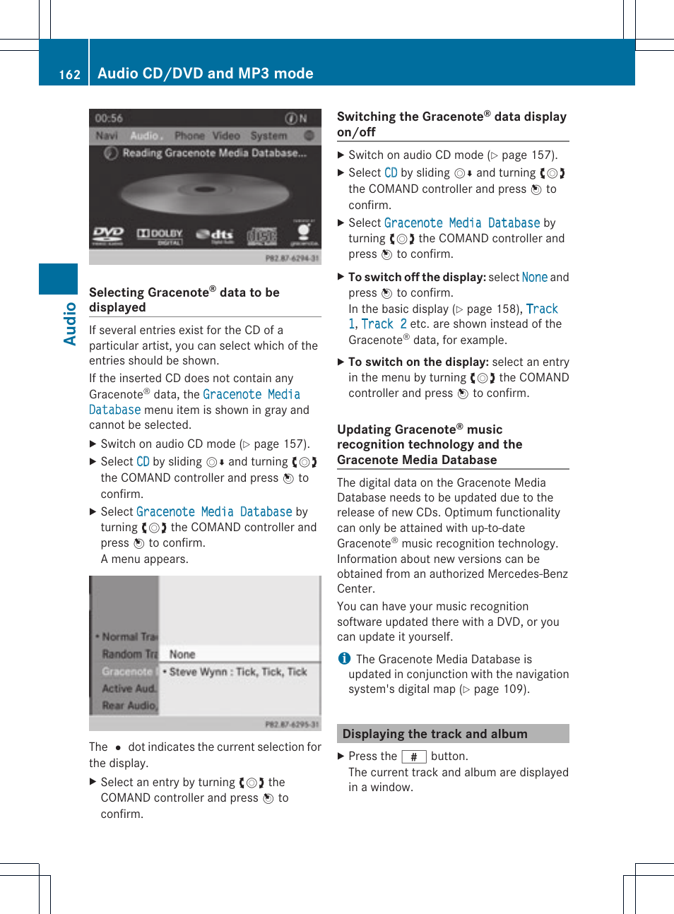 Audio, Audio cd/dvd and mp3 mode | Mercedes-Benz C-Coupe 2012 COMAND Manual User Manual | Page 164 / 234