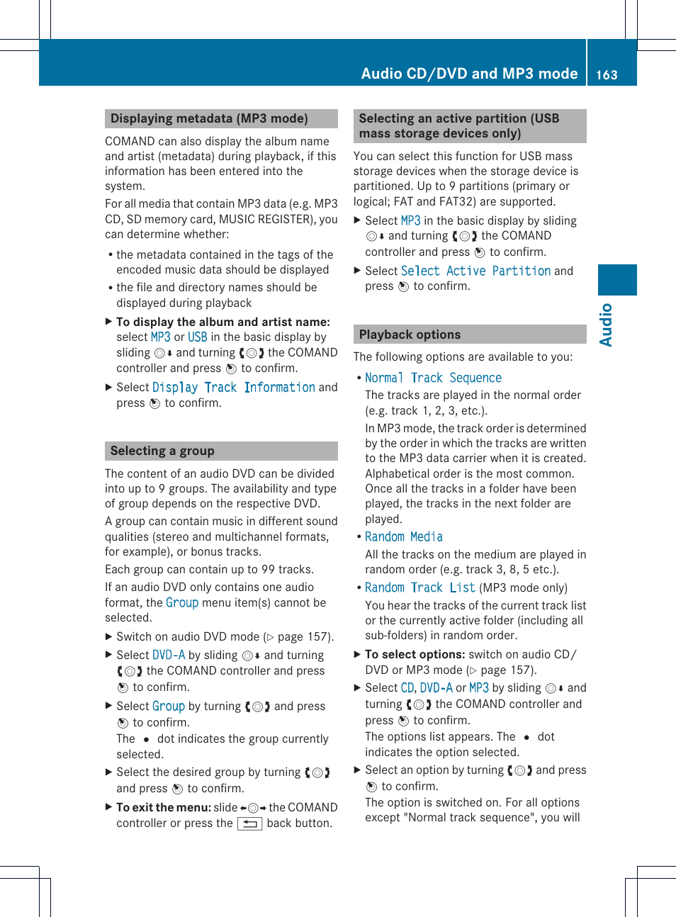 Audio, Audio cd/dvd and mp3 mode | Mercedes-Benz C-Coupe 2012 COMAND Manual User Manual | Page 165 / 234