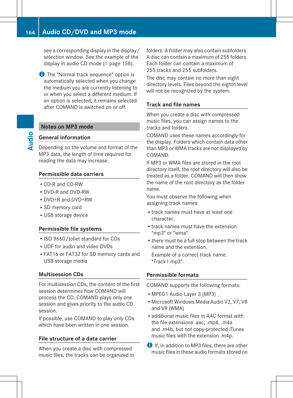 Audio, Audio cd/dvd and mp3 mode | Mercedes-Benz C-Coupe 2012 COMAND Manual User Manual | Page 166 / 234