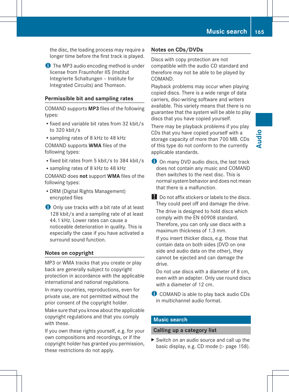 Audi o, Music search | Mercedes-Benz C-Coupe 2012 COMAND Manual User Manual | Page 167 / 234